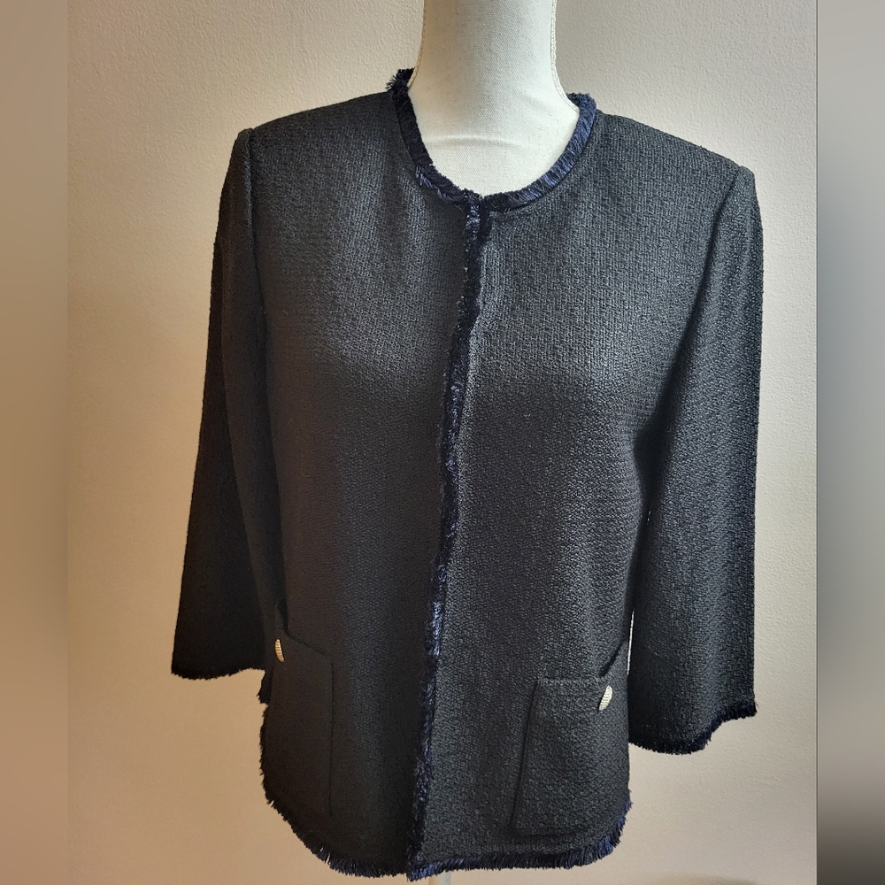 St. John Collection Boucle Wool Blend Fringe-Trim Blazer Black Navy Size 10 - Picture 2 of 12